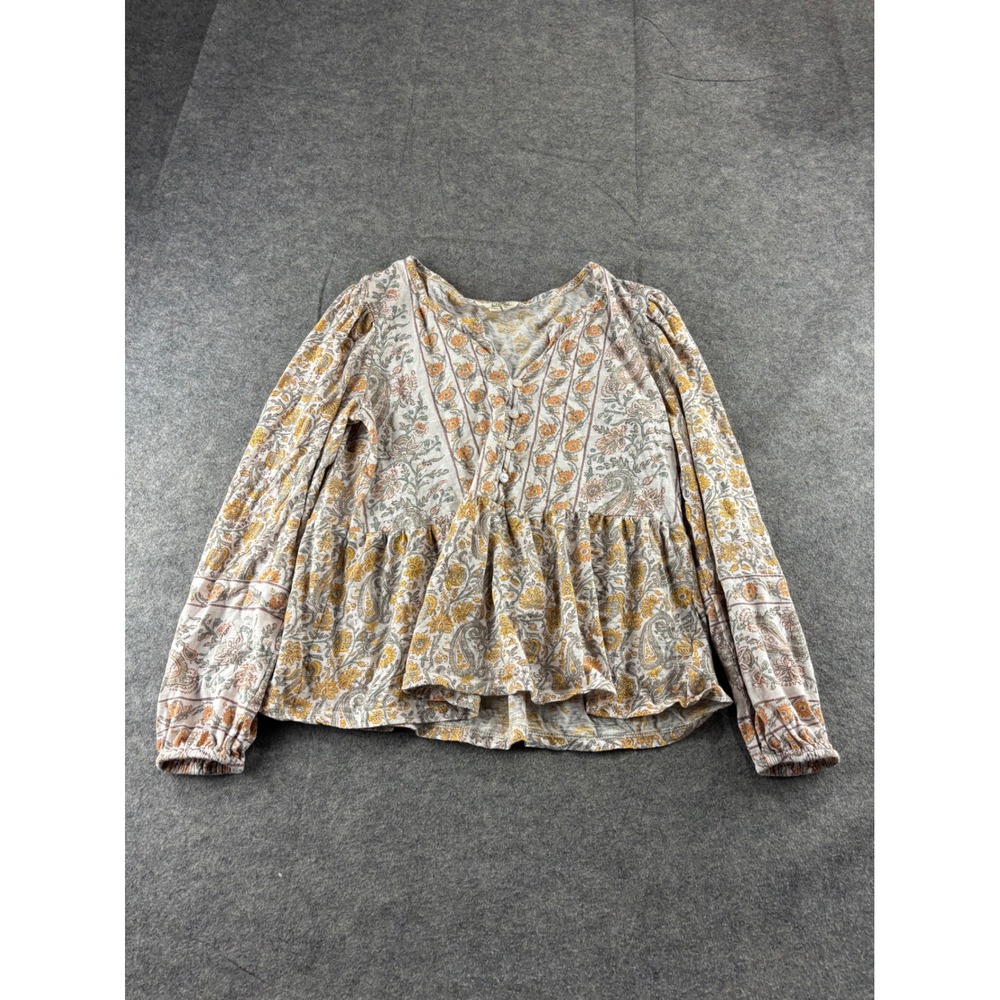 Lucky Brand Womens M Paisley Floral Peplum Top Yellow Orange Boho V-Neck Prairie